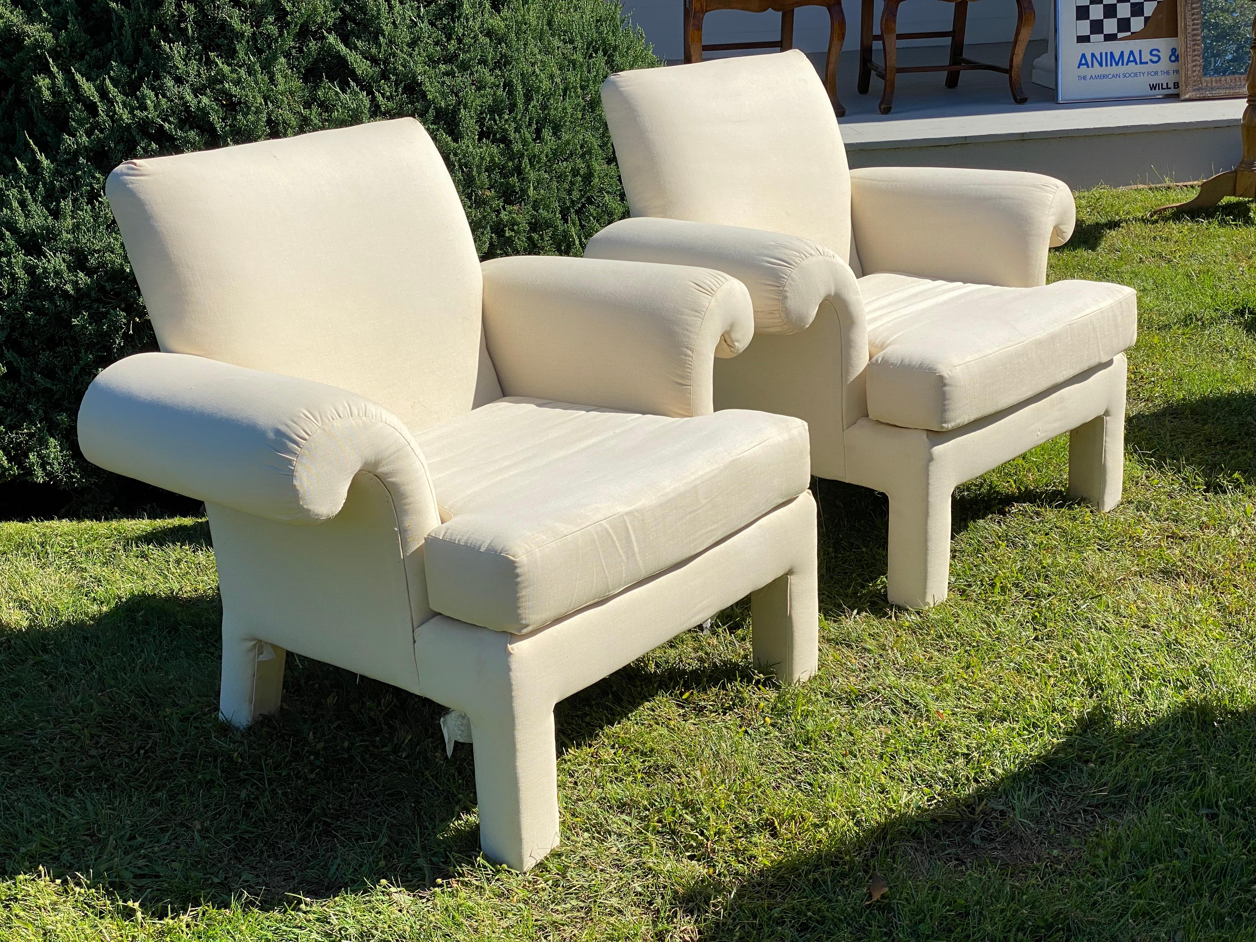 Fabric Mid Century Post Modern Lounge Chairs by Donghia for Kroehler After Parsons For Sale
