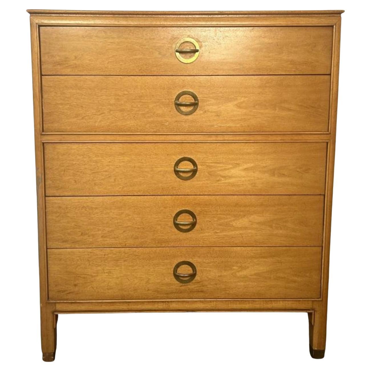 Midcentury Post Modern Oak 5 Drawer Dresser Brass Pulls Style of Dunbar