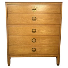 Midcentury Post Modern Oak 5 Drawer Dresser Brass Pulls Style of Dunbar