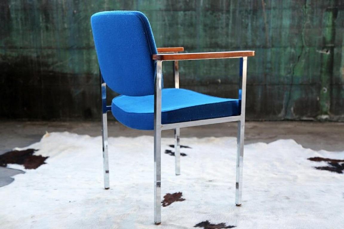 Mid-Century Modern Mid Century Post Modern Royal Blue Chrome & Walnut Accent Chair