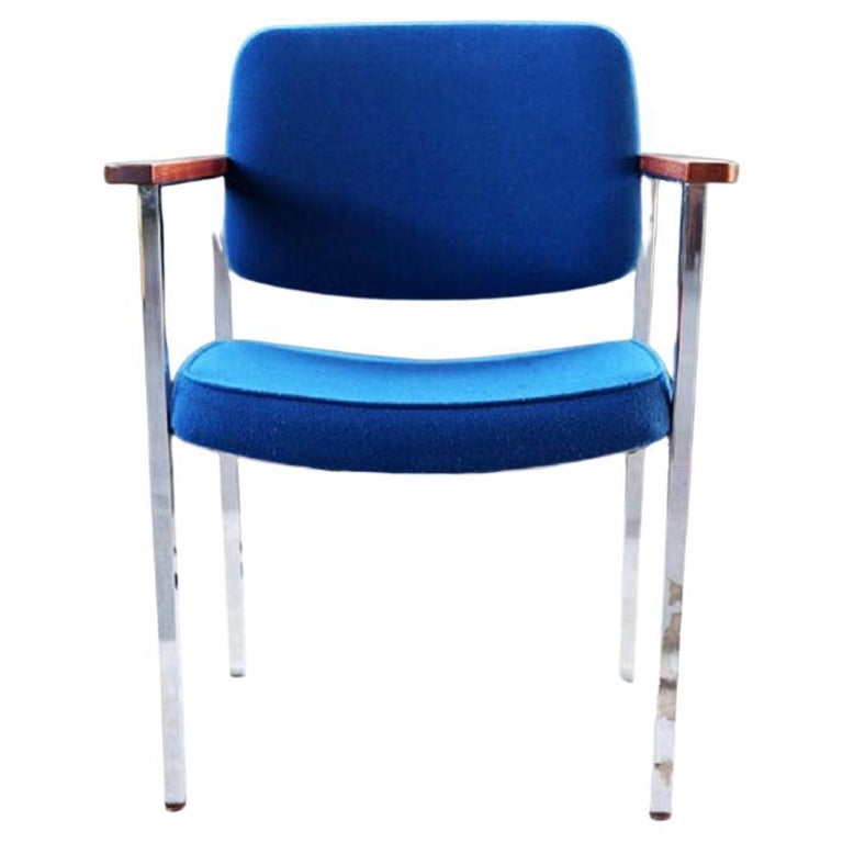 Mid Century Post Modern Royal Blue Chrome and Walnut Accent Chair For