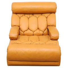 Mid century Post Modern Tan Leather Diamond shape cushion chair with ottoman