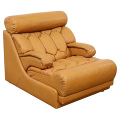 Mid century Post Modern Tan Leather Diamond shape cushion chair with ottoman