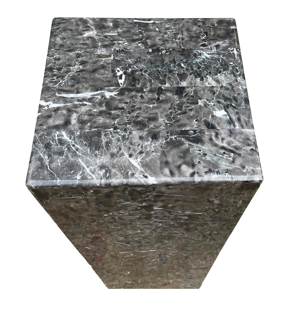 Post-Modern Mid Century Post Modern Tessellated Stone Marble Pedestal in Gray, Black & White