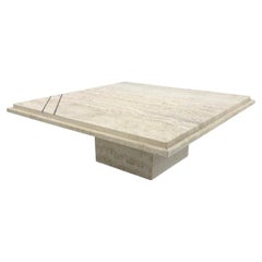 Mid Century Post Modern Travertine Square Low Coffee table with Brass details