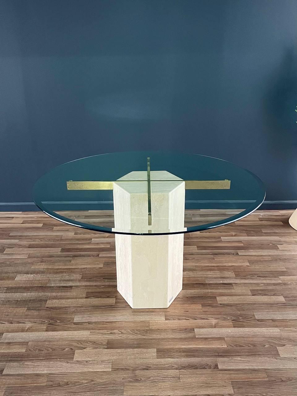 Condition: Original Glass Top Shows Scratches Throughout But No Chips, Very Good Original Condition on Stone, Patinated Brass
