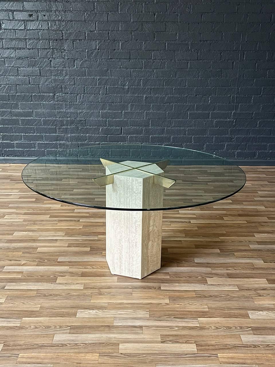 Materials: Travertine, Patinated Brass, Original Glass Top

Condition:
Original Glass Top Shows Scratches Throughout But No Chips, Very Good Original Condition on Stone, Patinated Brass