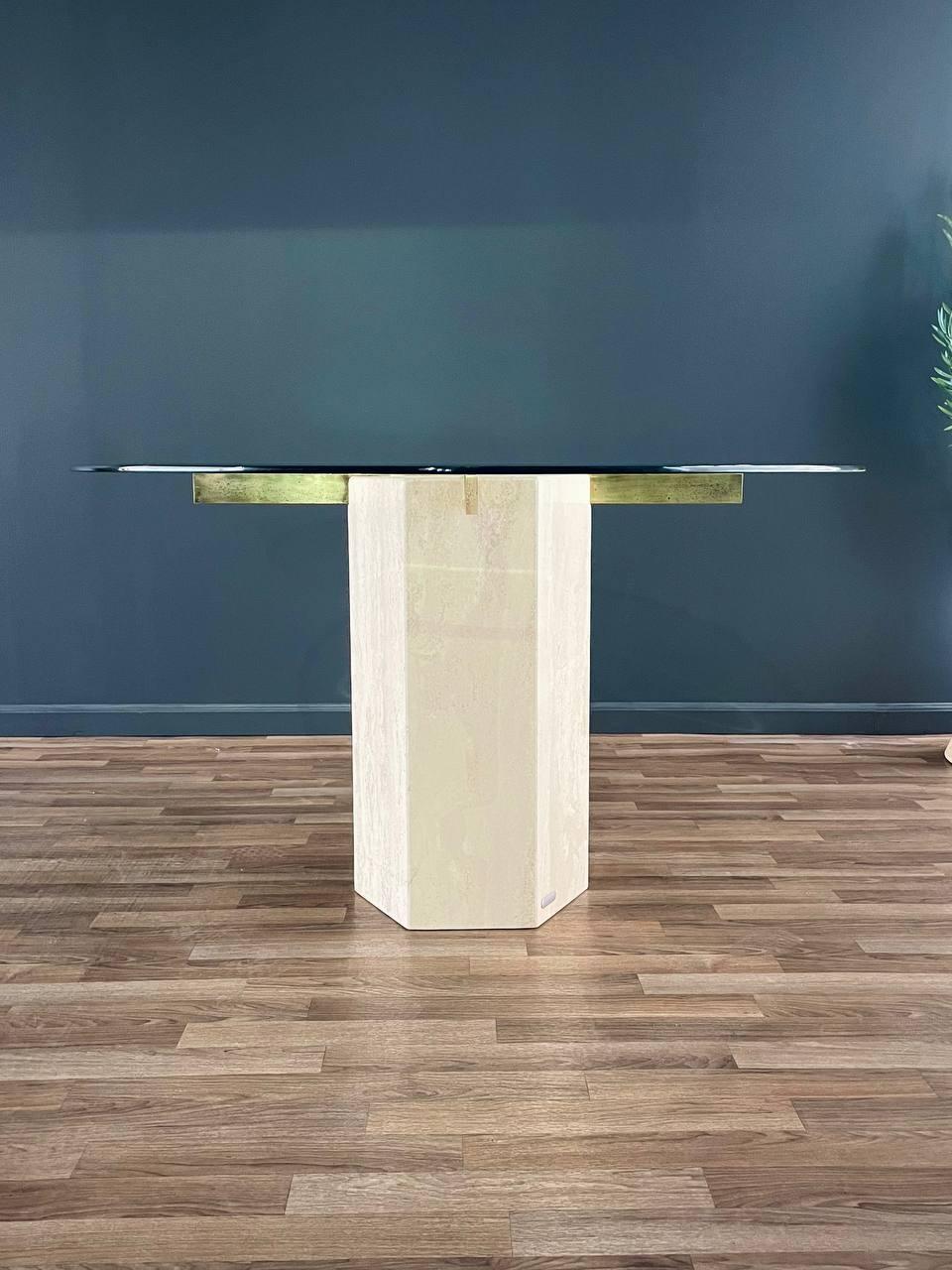 American Mid-Century Post Modern Travertine Stone & Brass Dining Table by Artedi