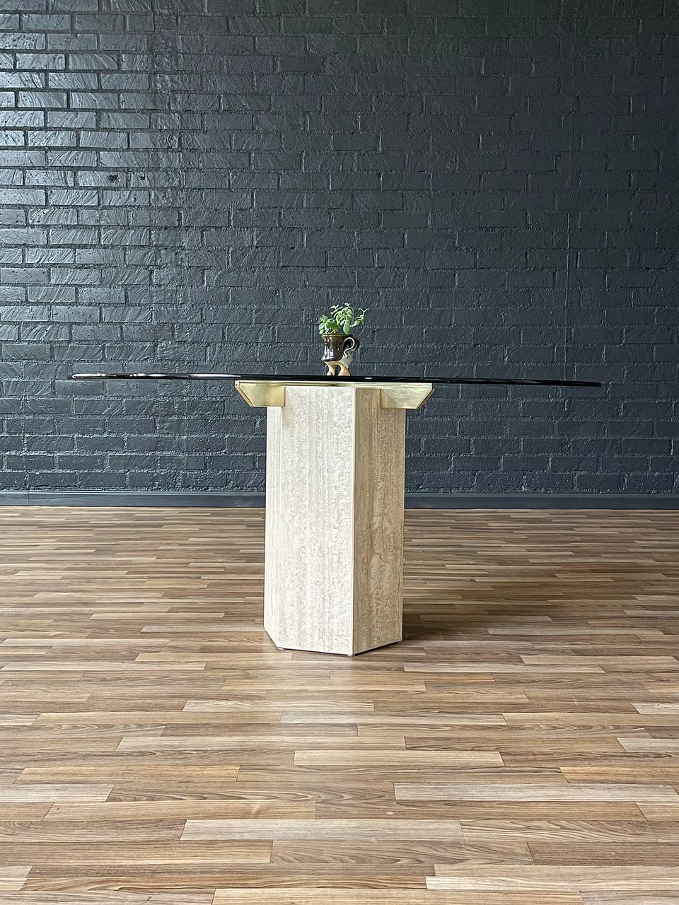 American Mid-Century Post Modern Travertine Stone & Brass Dining Table by Artedi