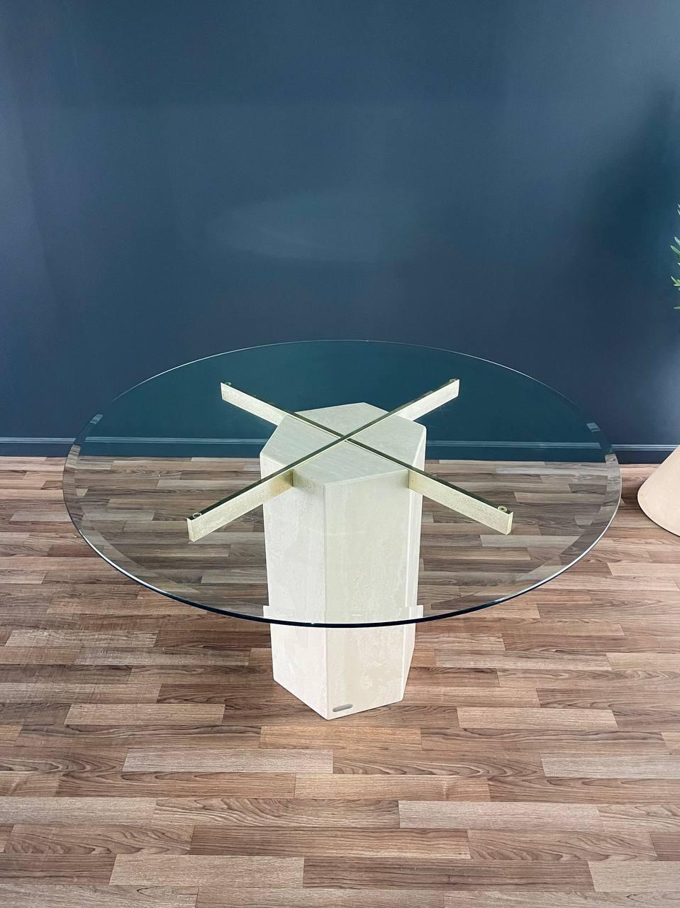 Mid-Century Post Modern Travertine Stone & Brass Dining Table by Artedi In Good Condition In Los Angeles, CA