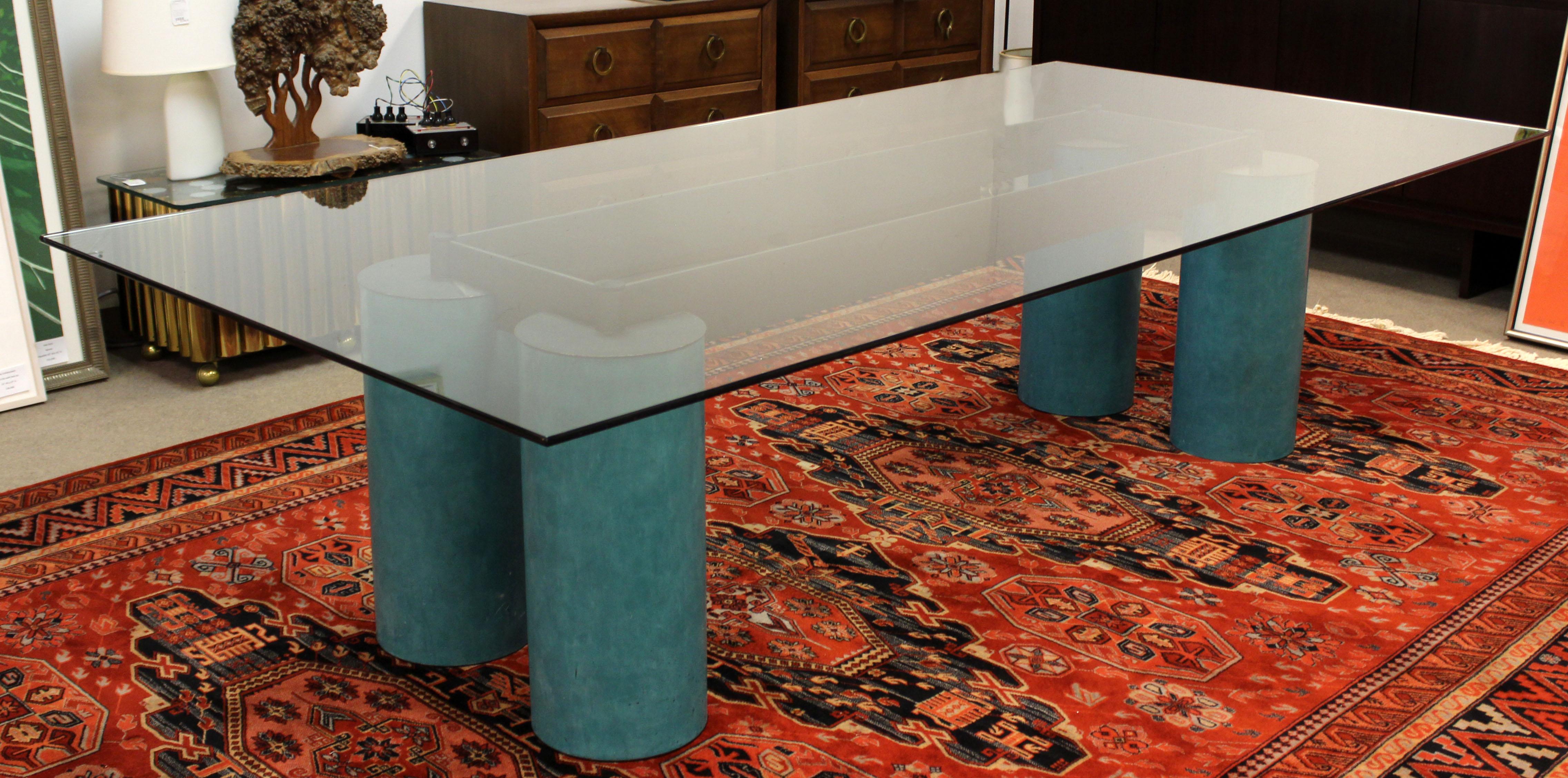 For your consideration is an absolutely fabulous, turquoise painted metal and glass Serenissimo dining table, by Massimo Vignelli for Acerbis Italy, circa the 1970s. In very good condition. The dimensions are 108