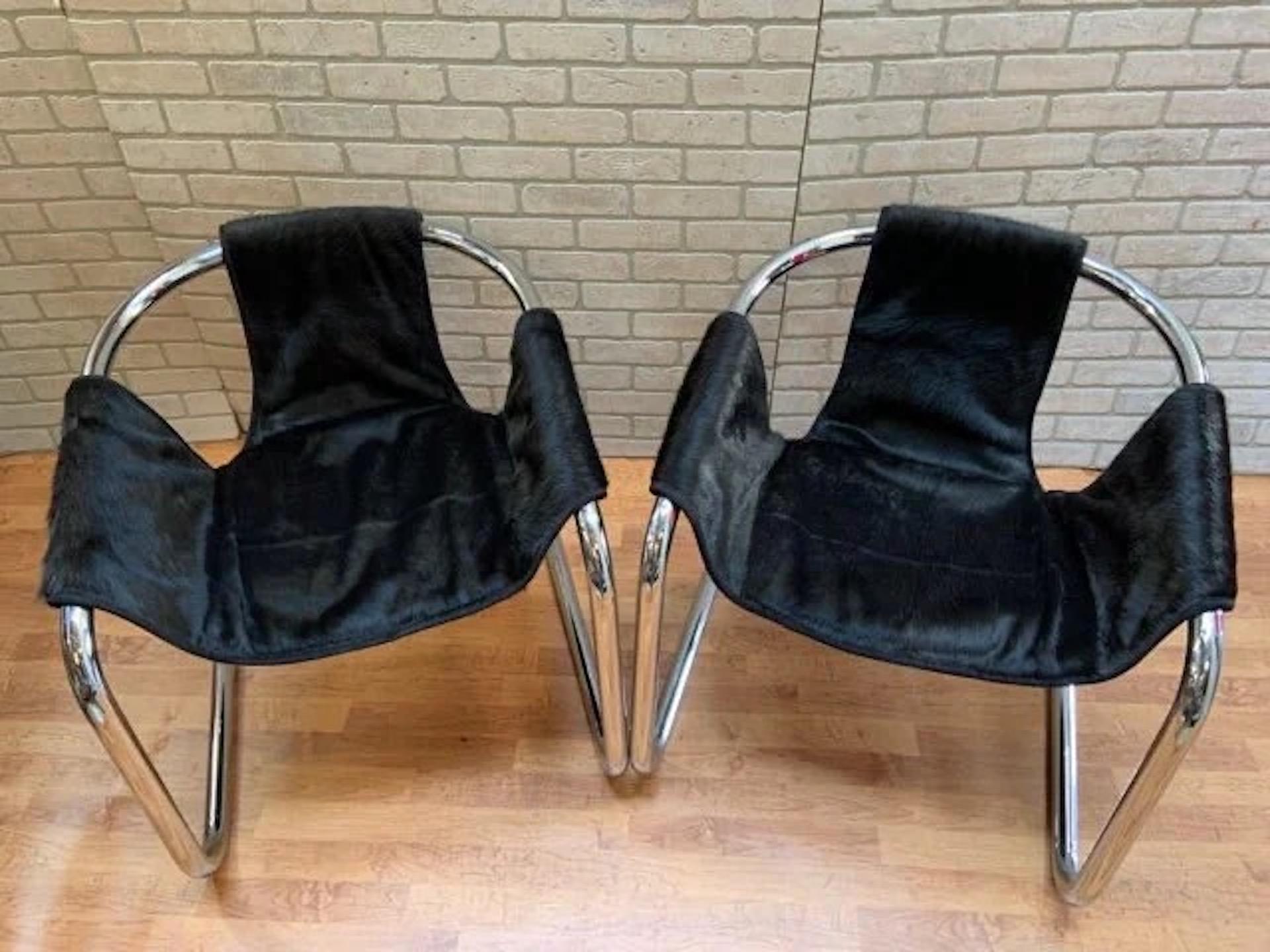 Mid Century Postmodern Chrome Vecta Zermatt Sling Lounge Chair Newly Upholstered In Good Condition For Sale In Chicago, IL