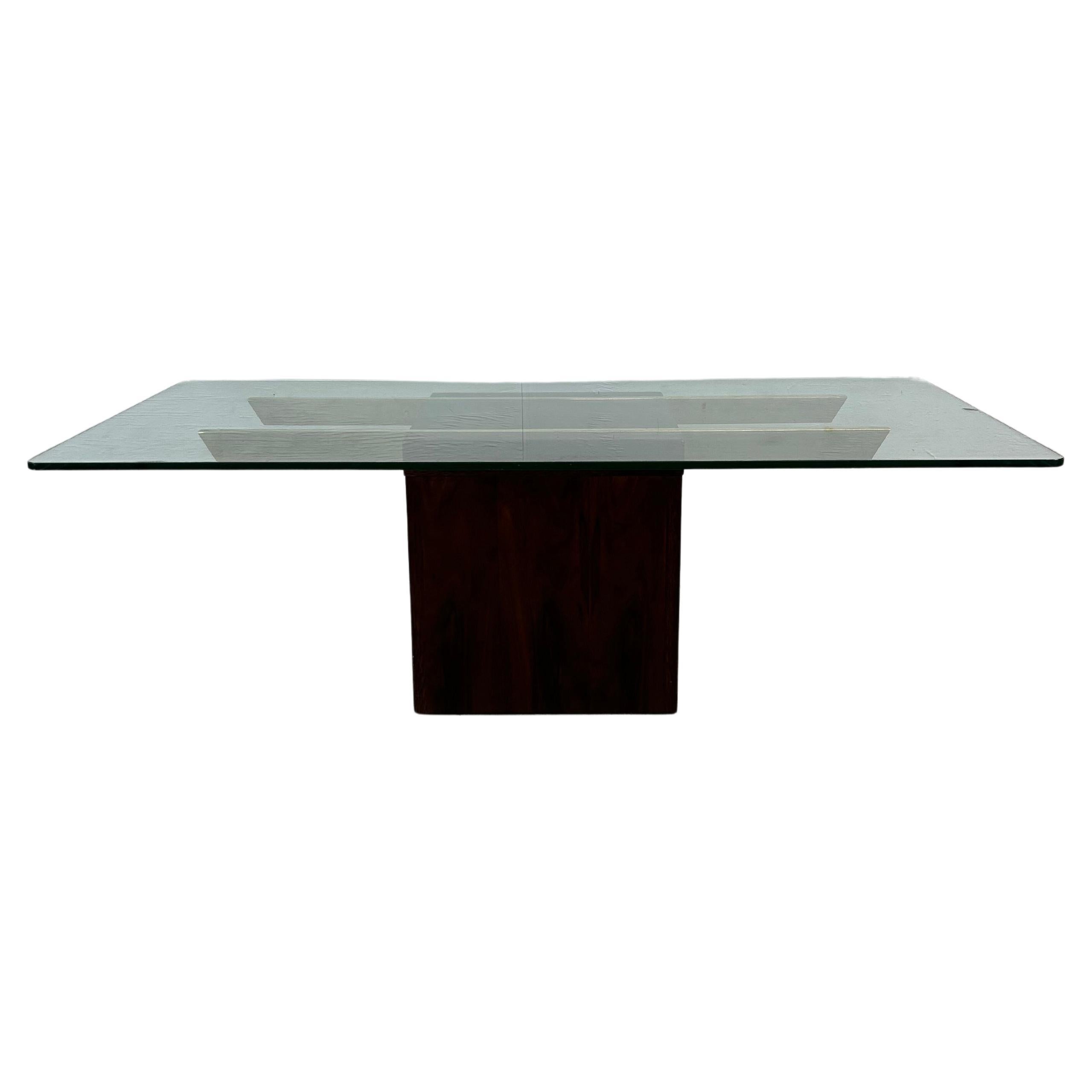 Mid Century Postmodern Coffee Table with Glass Top & Rosewood Base