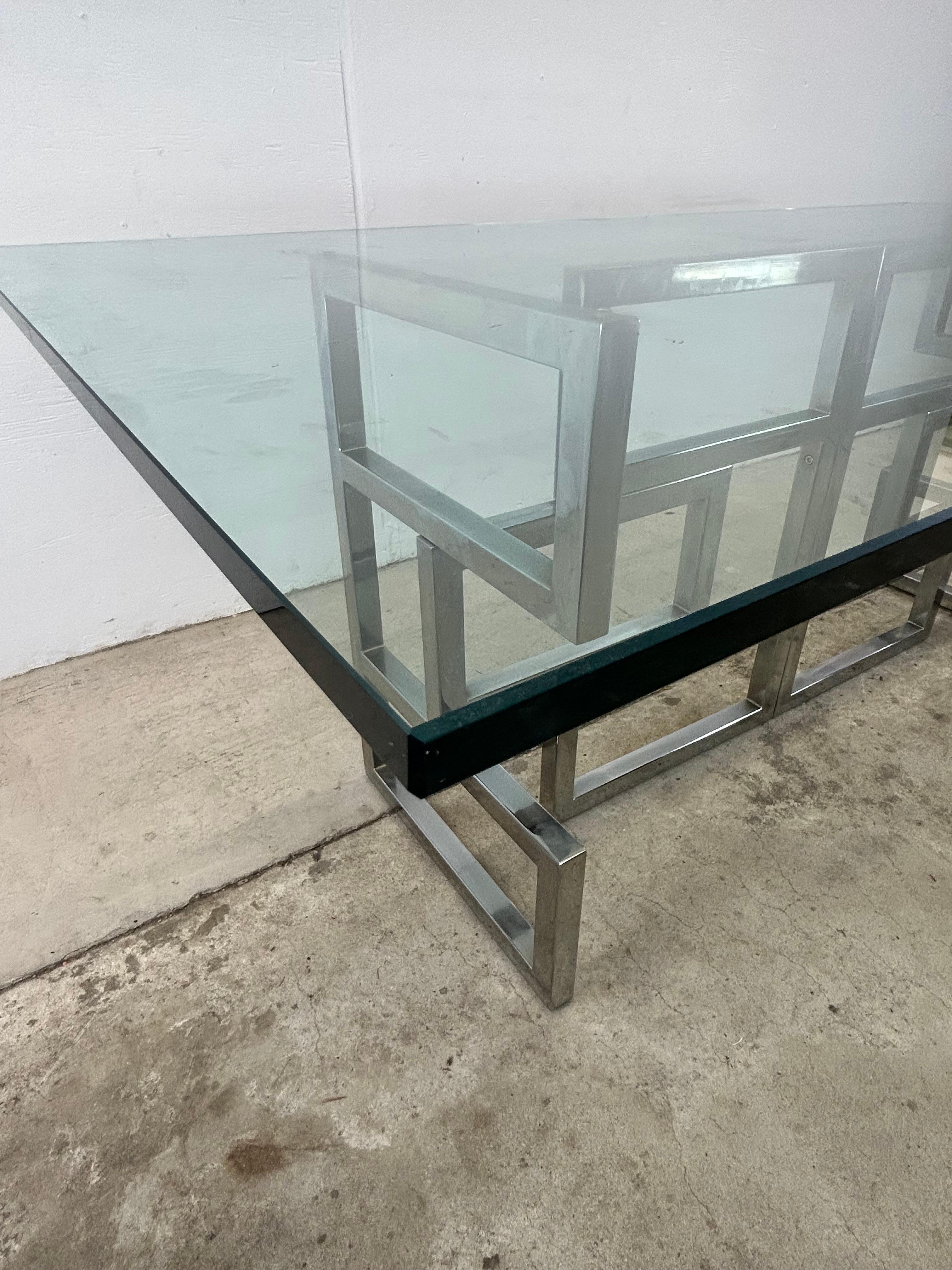 Mid Century Postmodern Geometric Chrome Dining Table with Glass Top For Sale 8