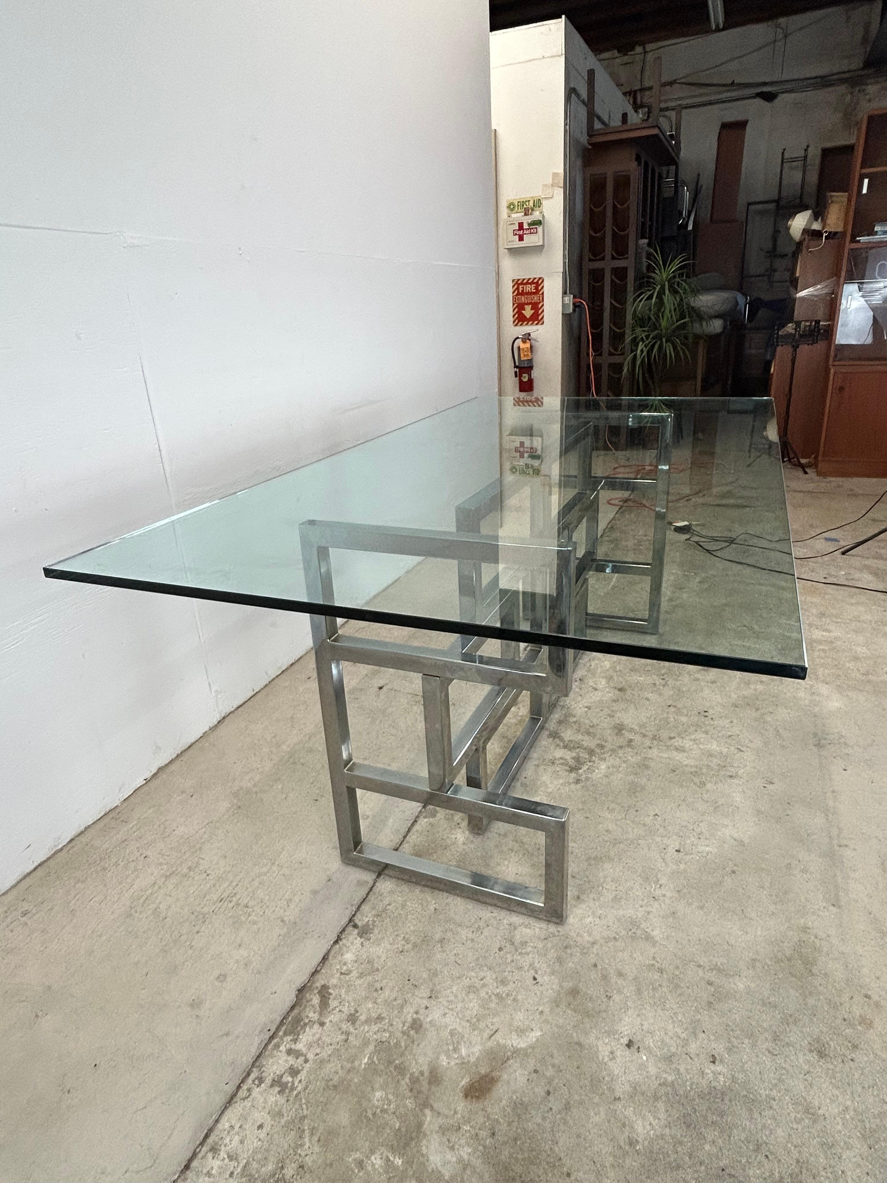 Mid Century Postmodern Geometric Chrome Dining Table with Glass Top For Sale 9