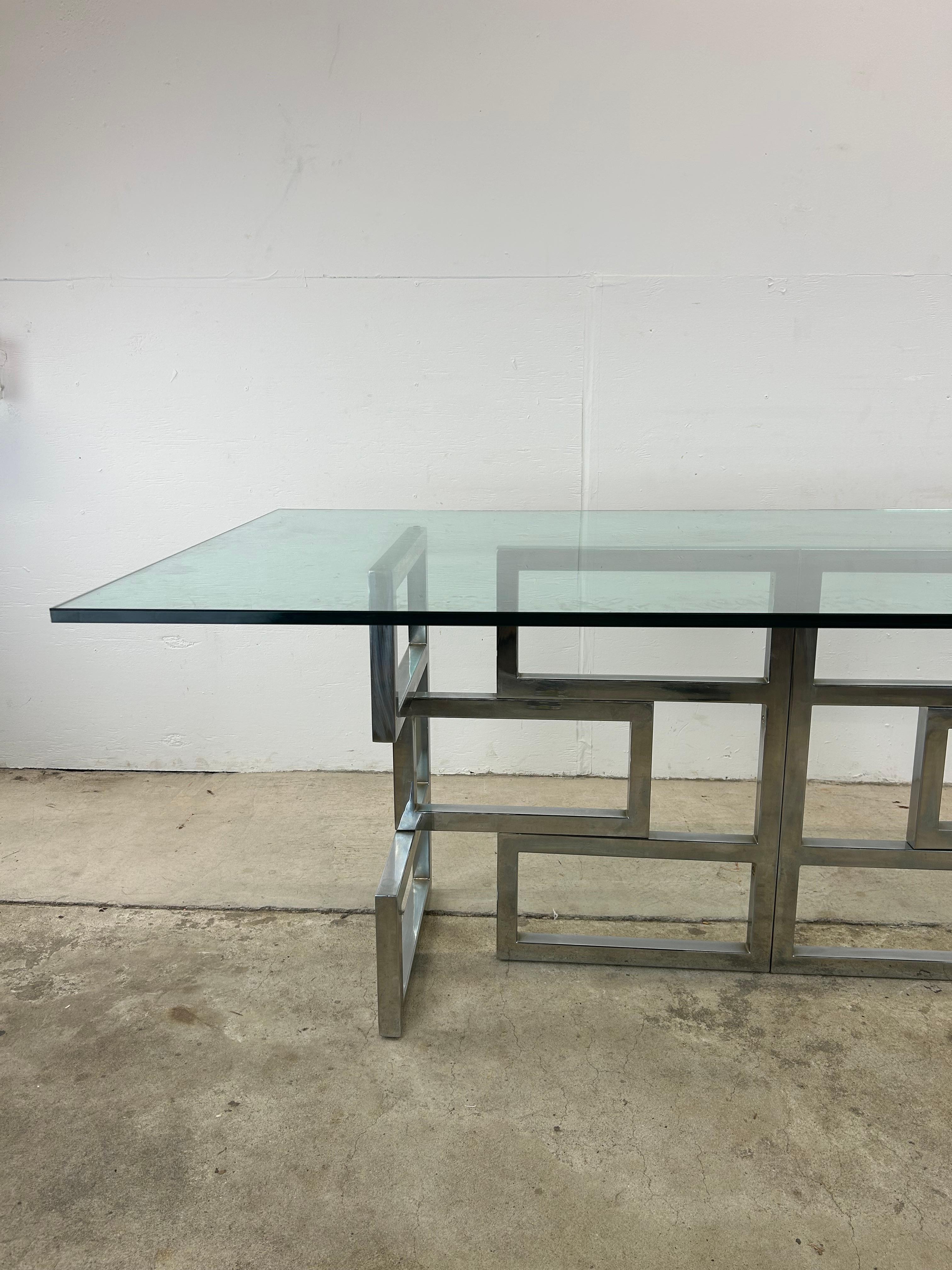 Mid Century Postmodern Geometric Chrome Dining Table with Glass Top In Good Condition For Sale In Freehold, NJ