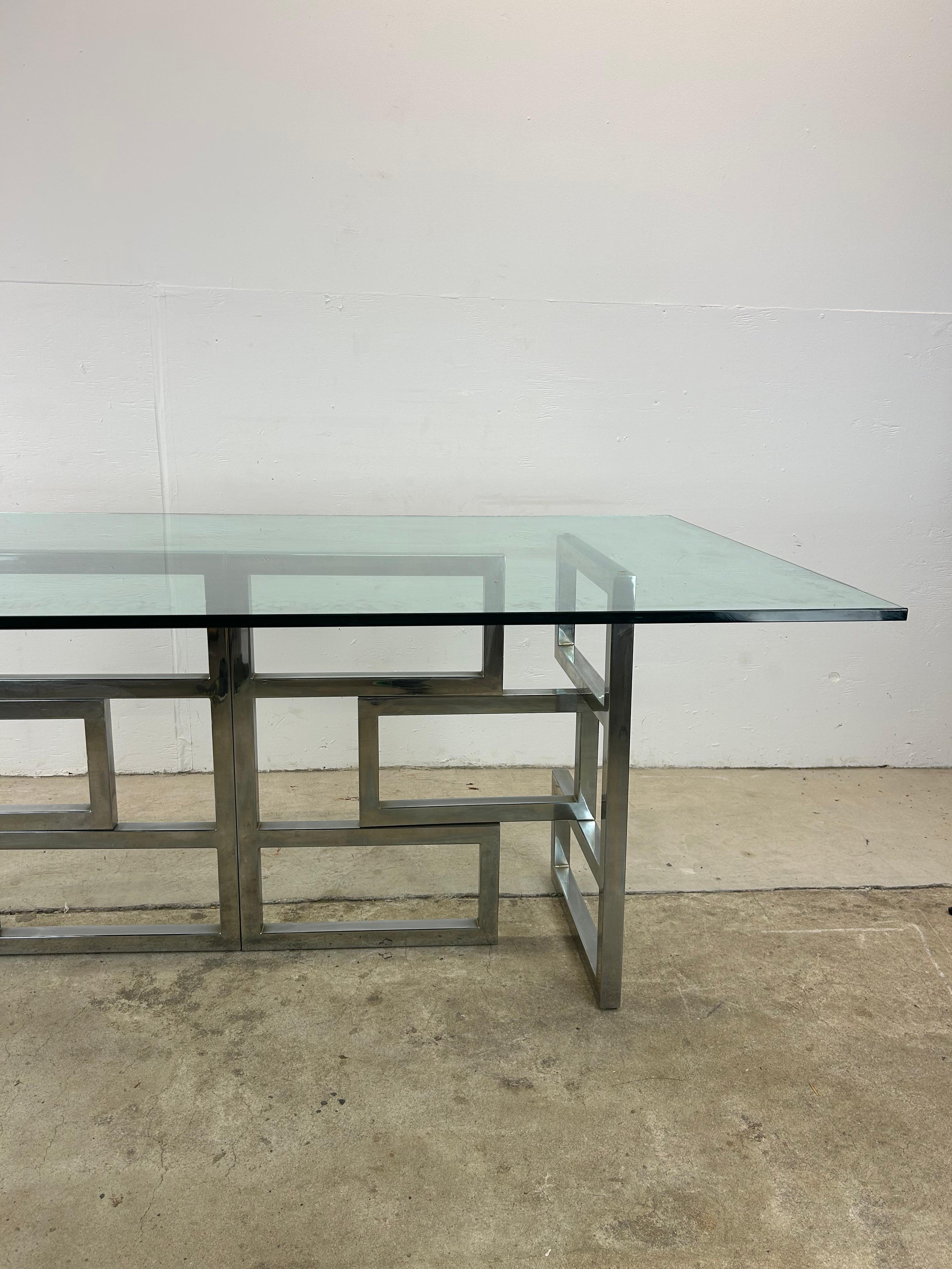 20th Century Mid Century Postmodern Geometric Chrome Dining Table with Glass Top For Sale