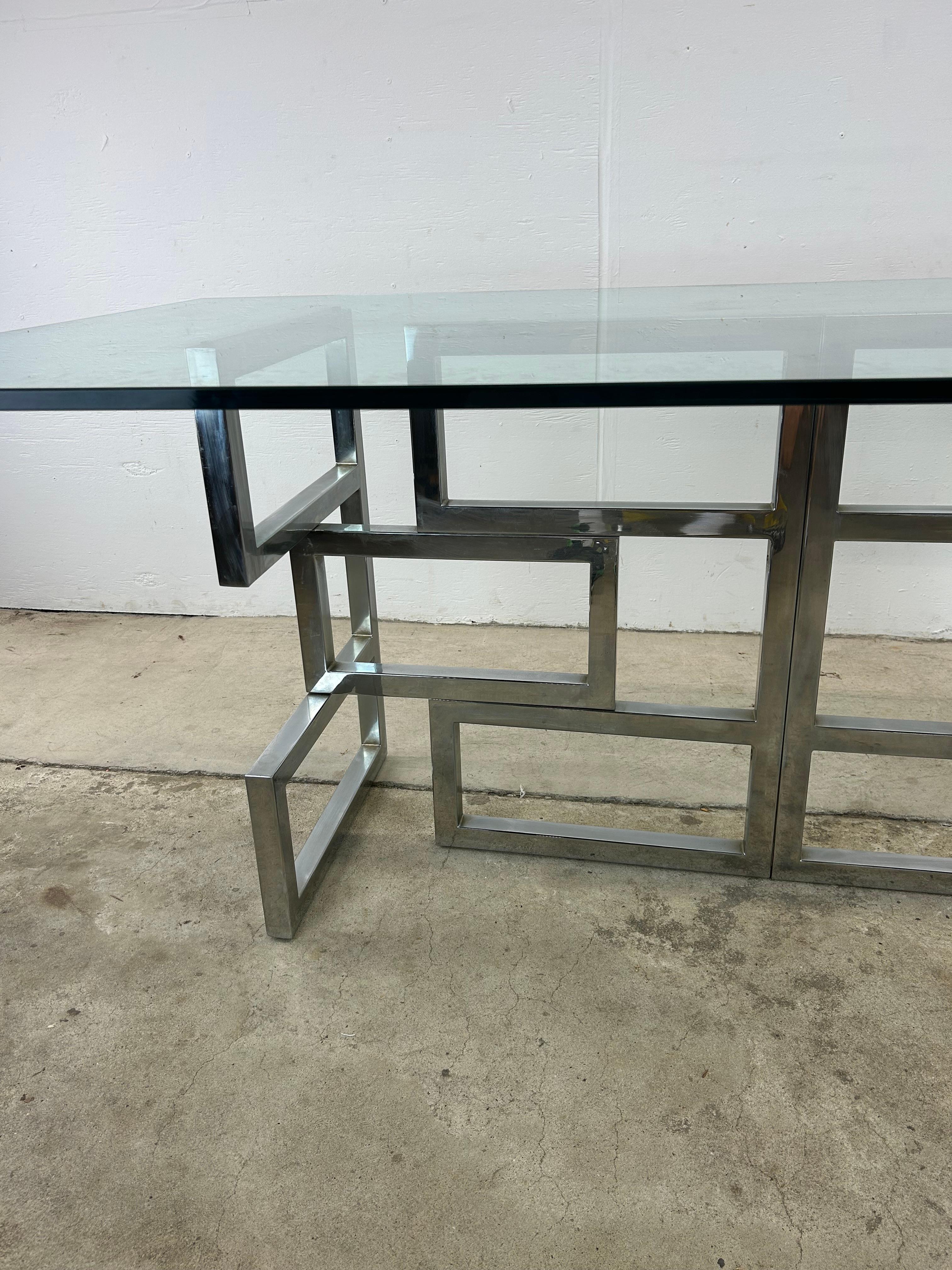 Mid Century Postmodern Geometric Chrome Dining Table with Glass Top For Sale 1