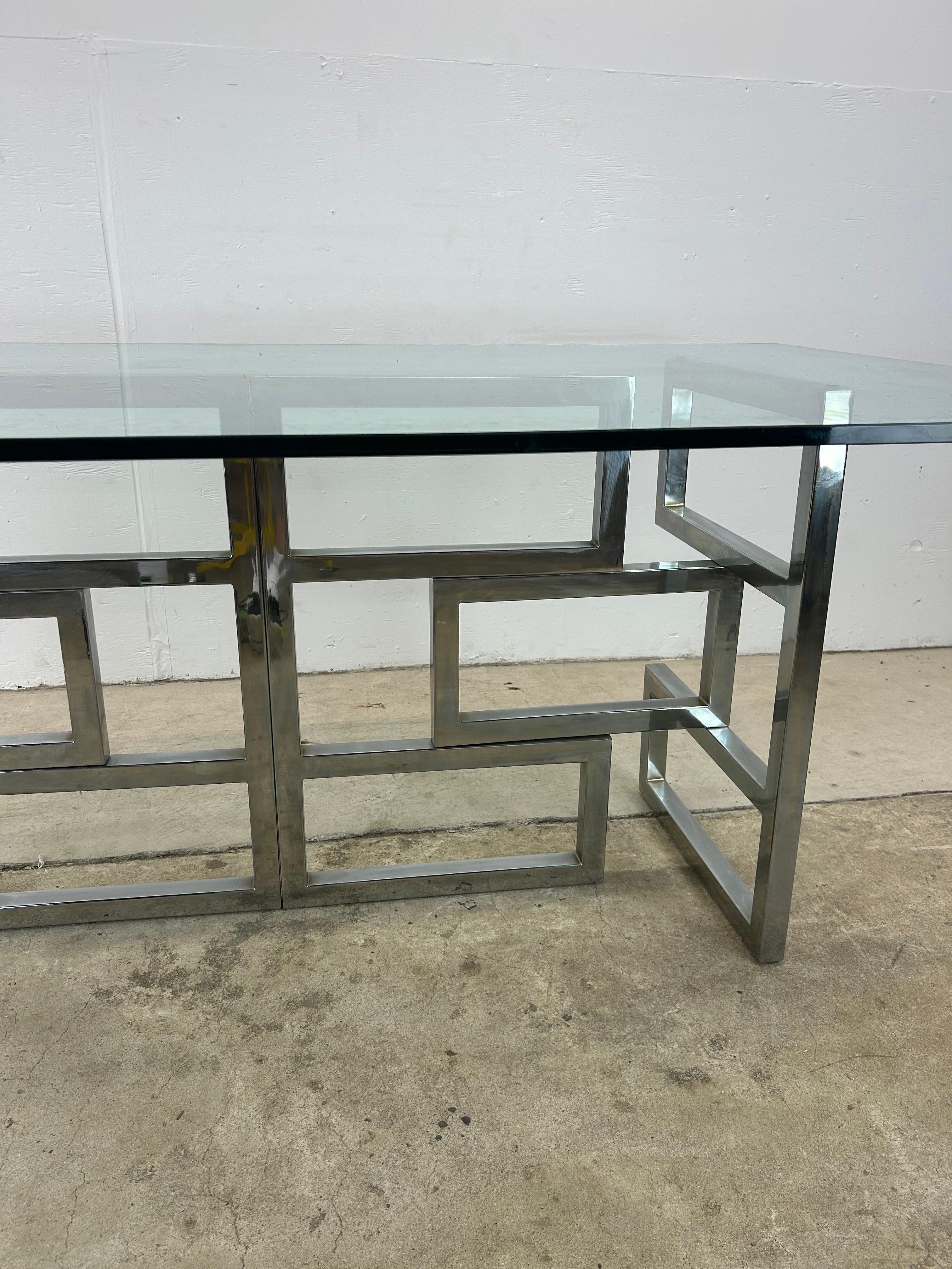 Mid Century Postmodern Geometric Chrome Dining Table with Glass Top For Sale 2