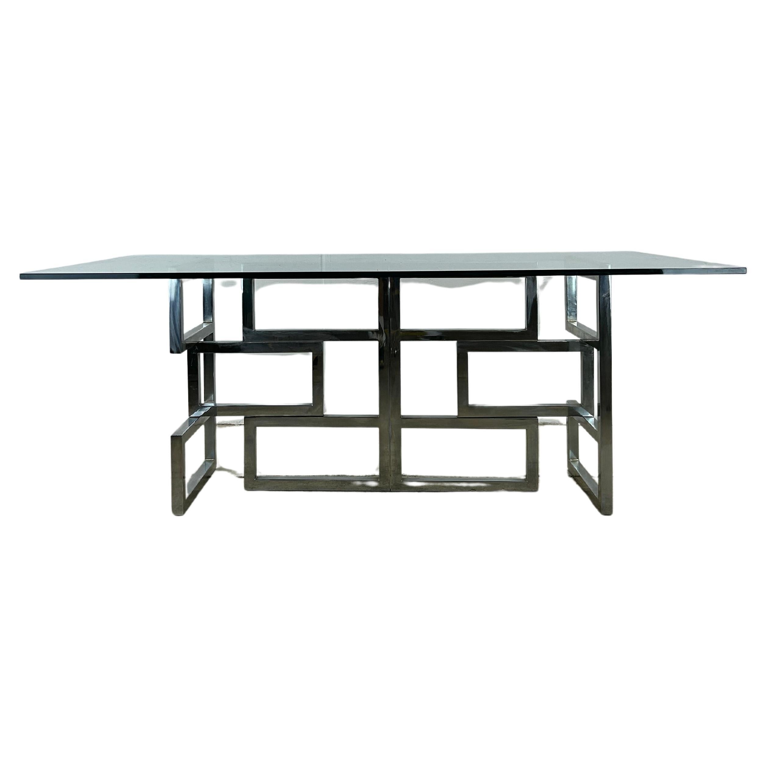 Mid Century Postmodern Geometric Chrome Dining Table with Glass Top For Sale