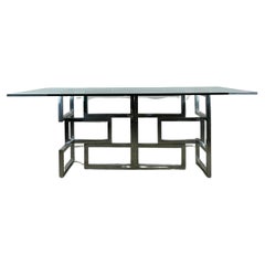 Retro Mid Century Postmodern Geometric Chrome Dining Table with Glass Top