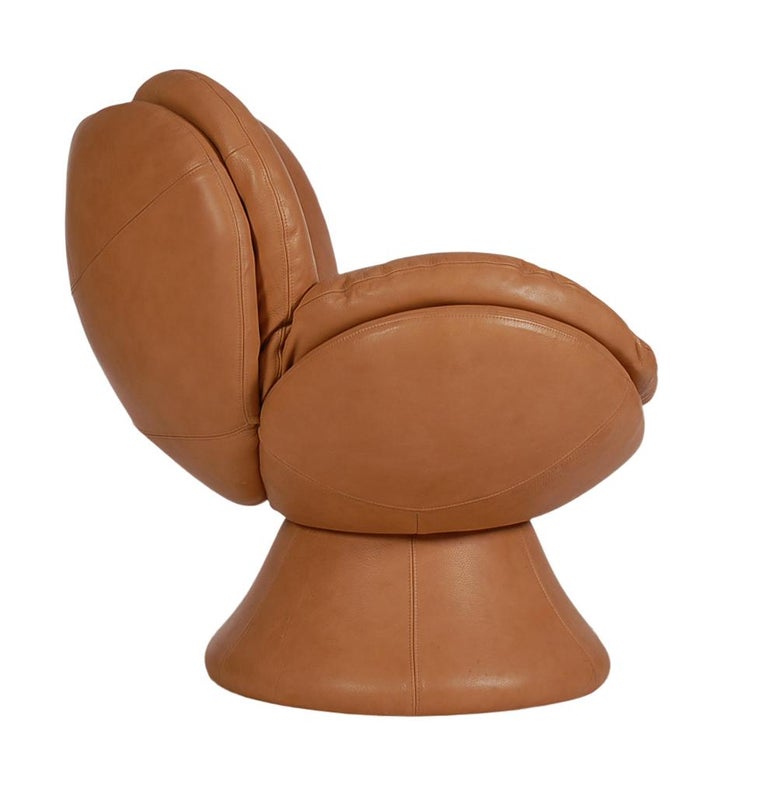 Midcentury Postmodern Italian Cognac Leather Swivel Lounge Chair at 1stDibs