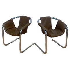 Mid Century Postmodern Vecta Style Chrome Sling Leatherette Lounge Chairs- Pair