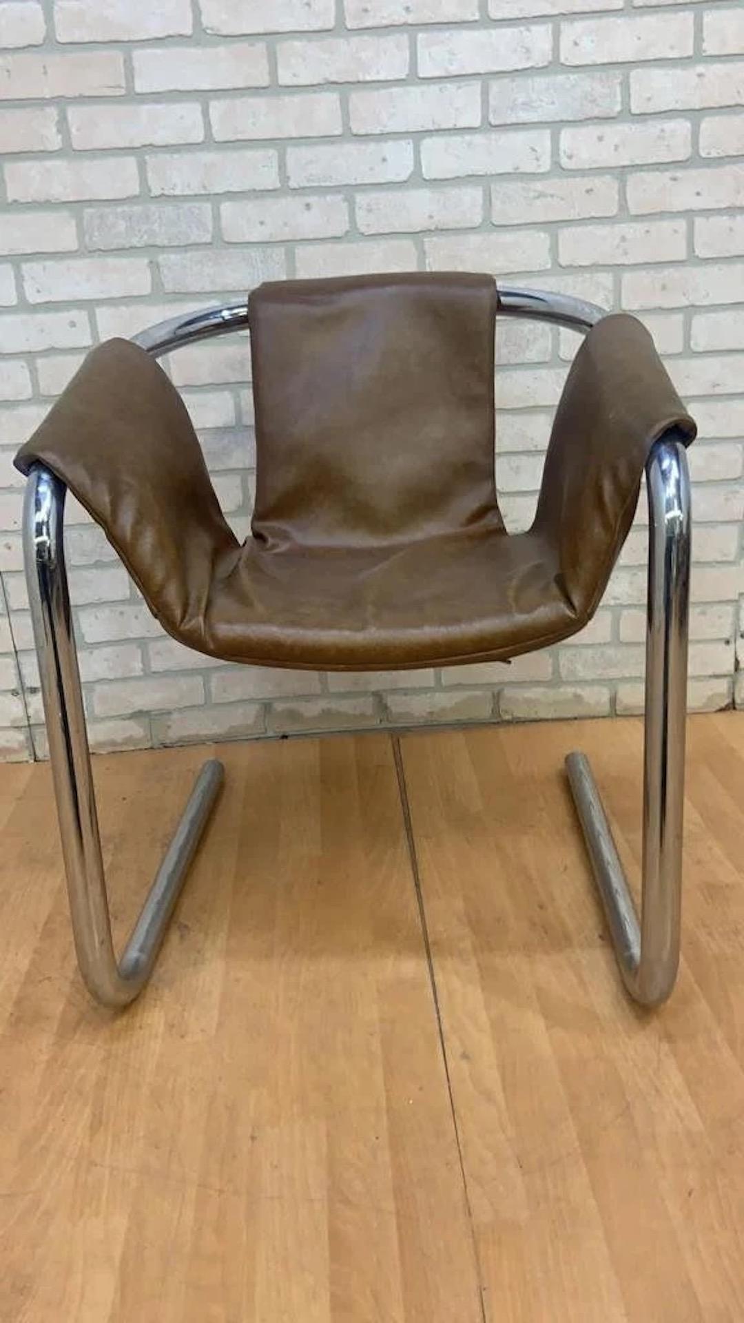 Post-Modern Mid Century Postmodern Vecta Style Chrome Sling Leatherette Lounge Chairs- Pair