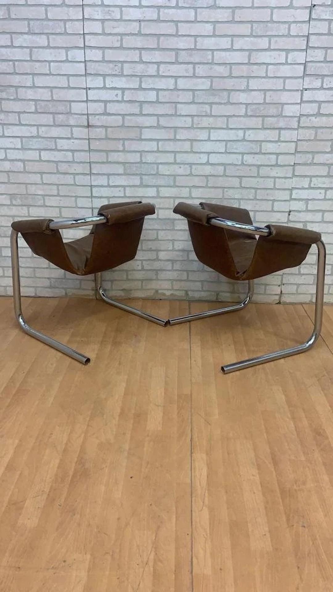 Italian Mid Century Postmodern Vecta Style Chrome Sling Leatherette Lounge Chairs- Pair
