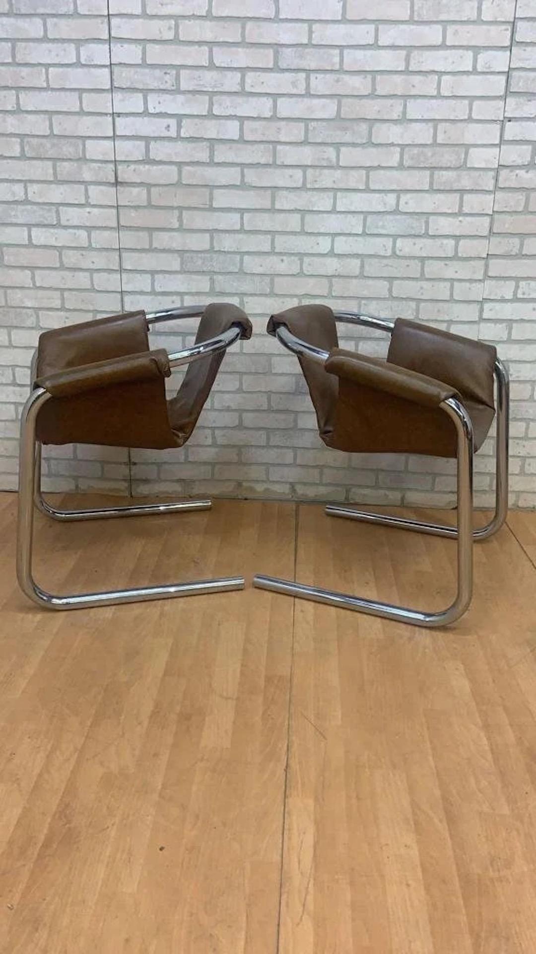 Mid Century Postmodern Vecta Style Chrome Sling Leatherette Lounge Chairs- Pair In Good Condition In Chicago, IL