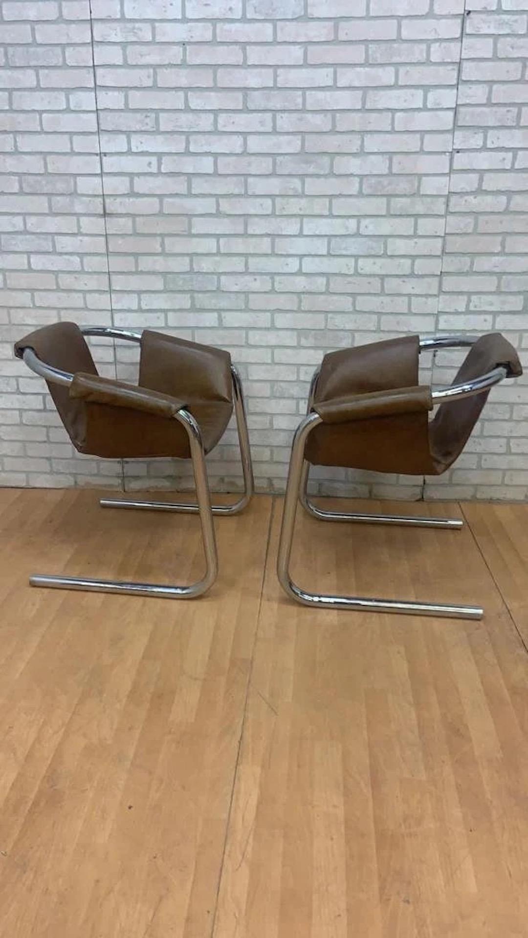 20th Century Mid Century Postmodern Vecta Style Chrome Sling Leatherette Lounge Chairs- Pair
