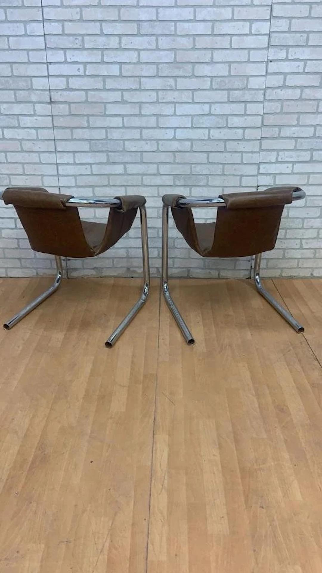 Faux Leather Mid Century Postmodern Vecta Style Chrome Sling Leatherette Lounge Chairs- Pair
