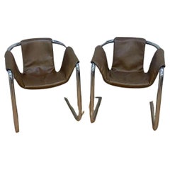 Mid Century Postmodern Vecta Style Chrome Sling Leatherette Lounge Chairs- Pair