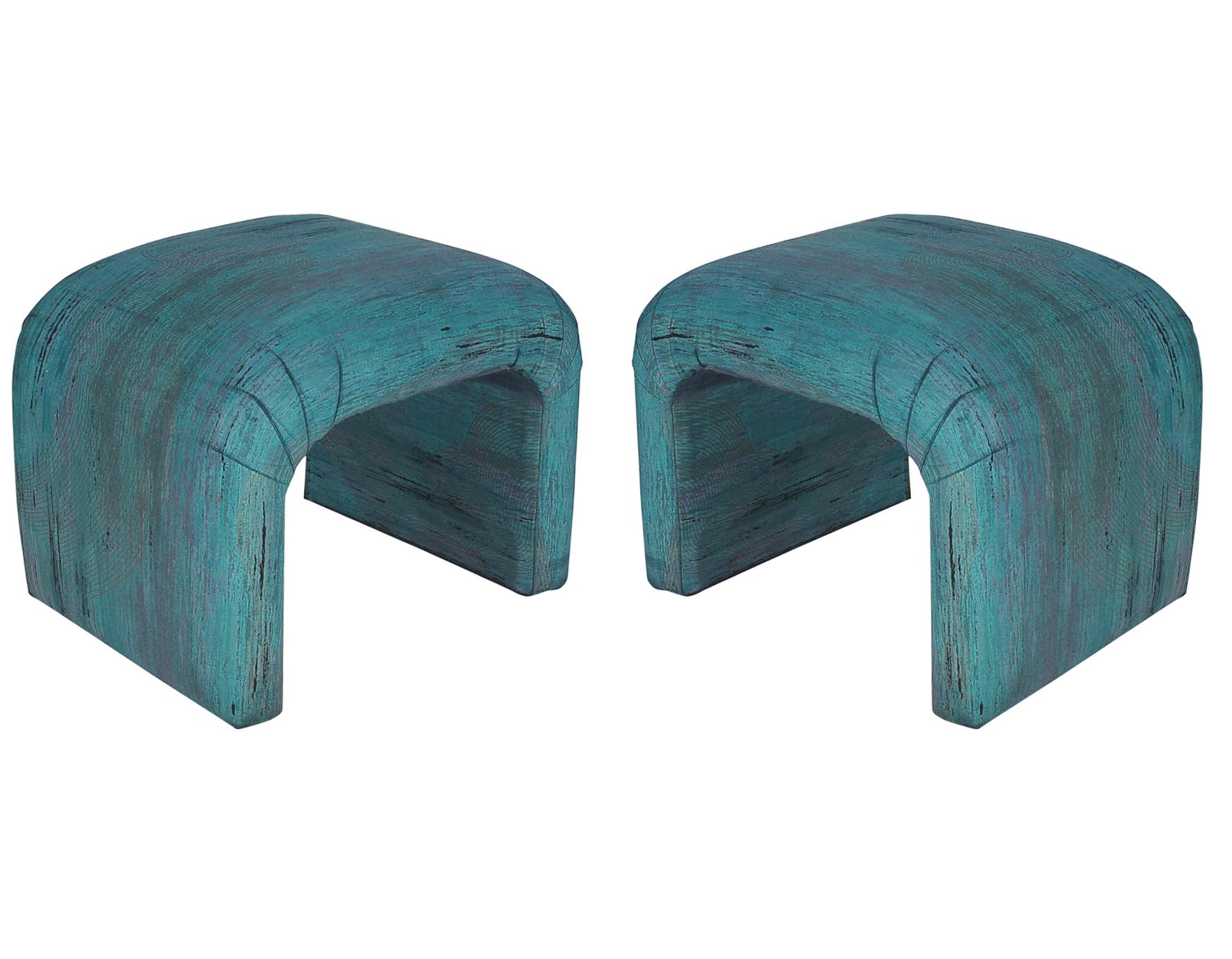 American Midcentury Postmodern Waterfall Upholstered Bench Set or Poufs