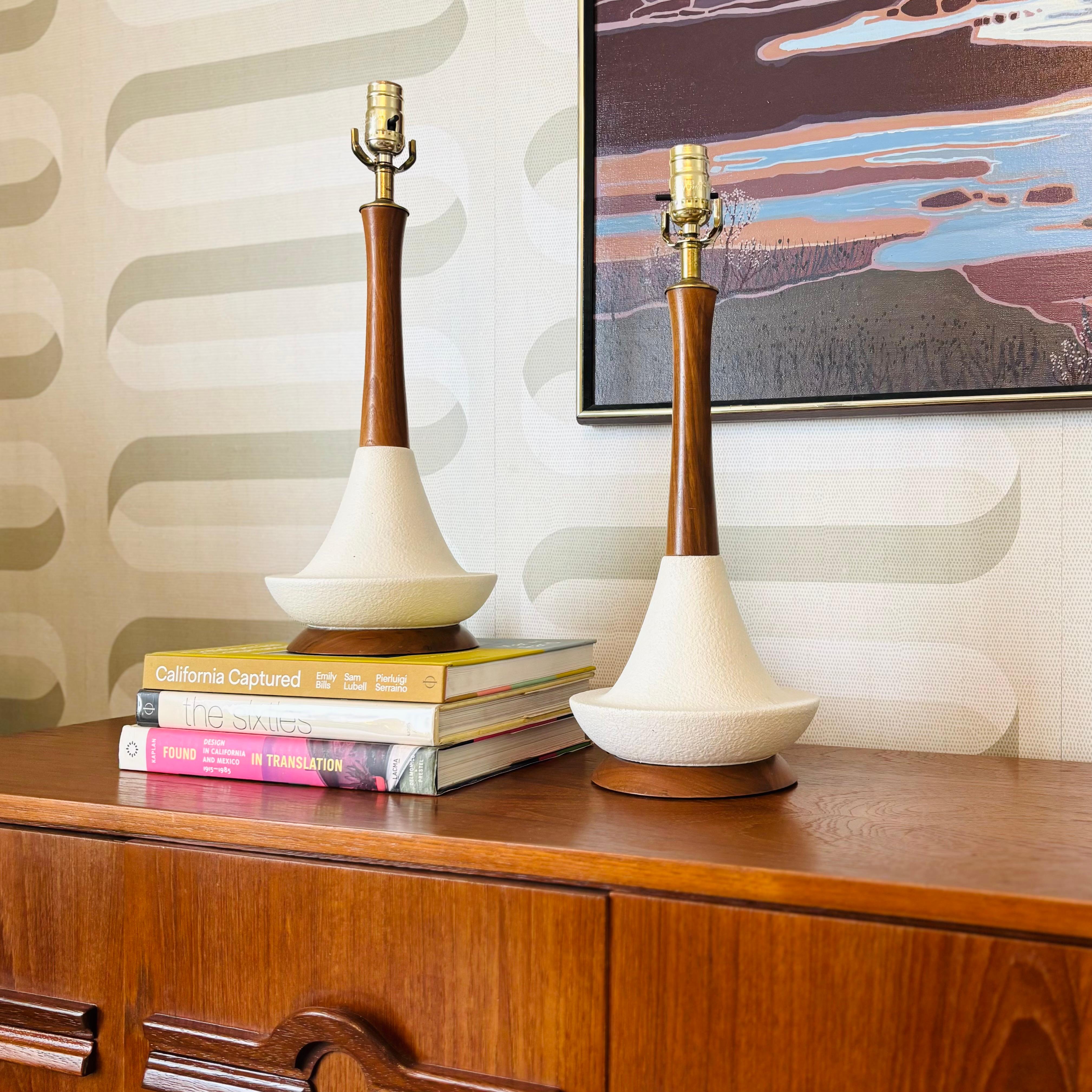 Mid-Century Modern Mid Century Pottery and Wood Table Lamps - Set of 2 For Sale