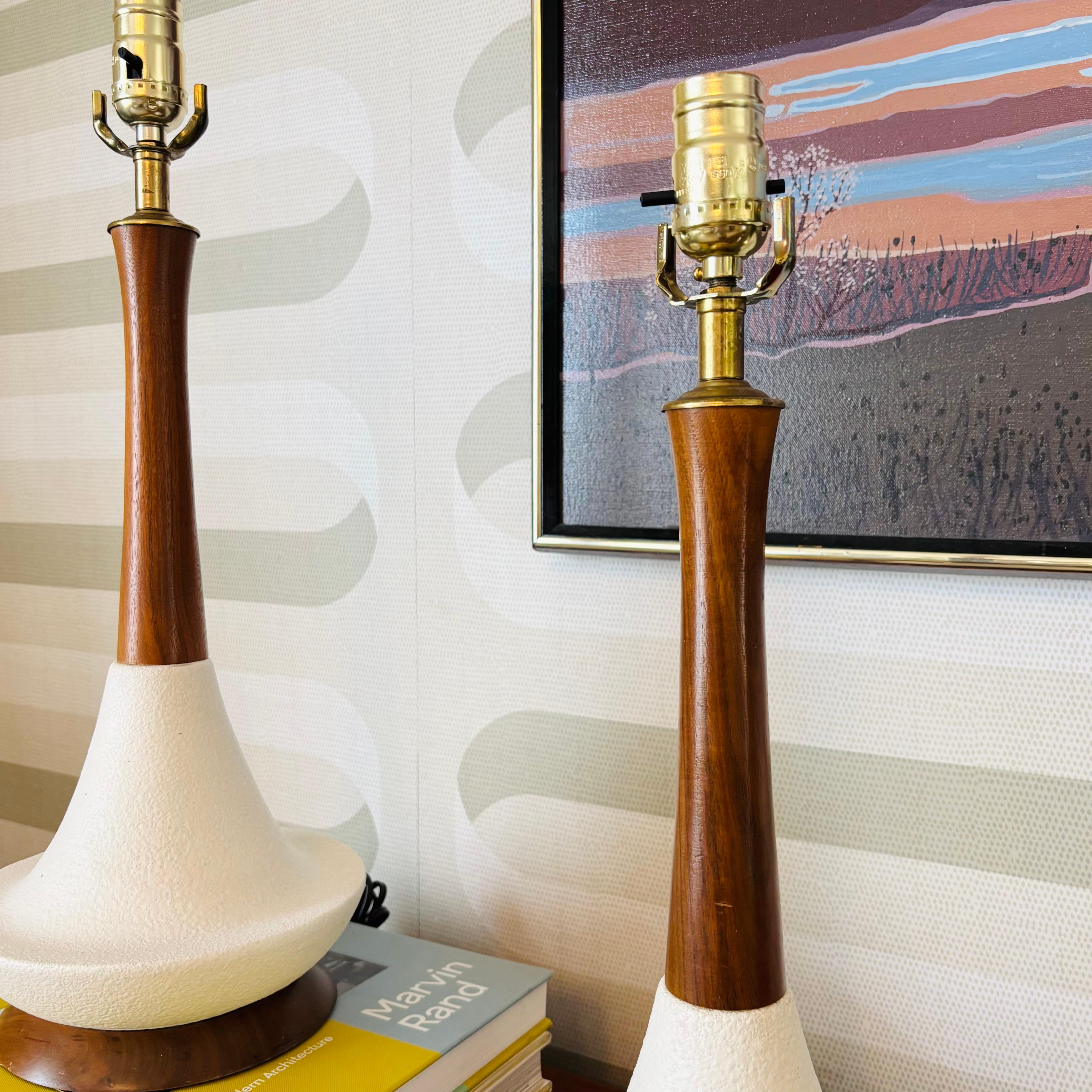 Mid Century Pottery and Wood Table Lamps - Set of 2 For Sale 1