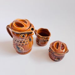 Service à thé "Poulet" en poterie du milieu du siècle - Théière, crémier et sucrier