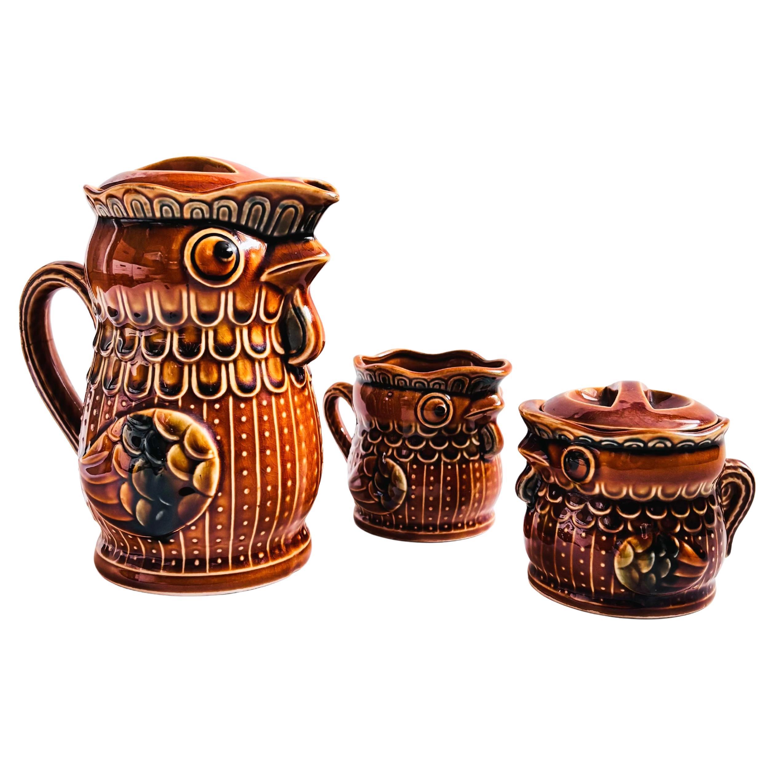 Mid Century Pottery Chicken Tea Set - Teapot, Creamer, and Sugar Bowl For Sale