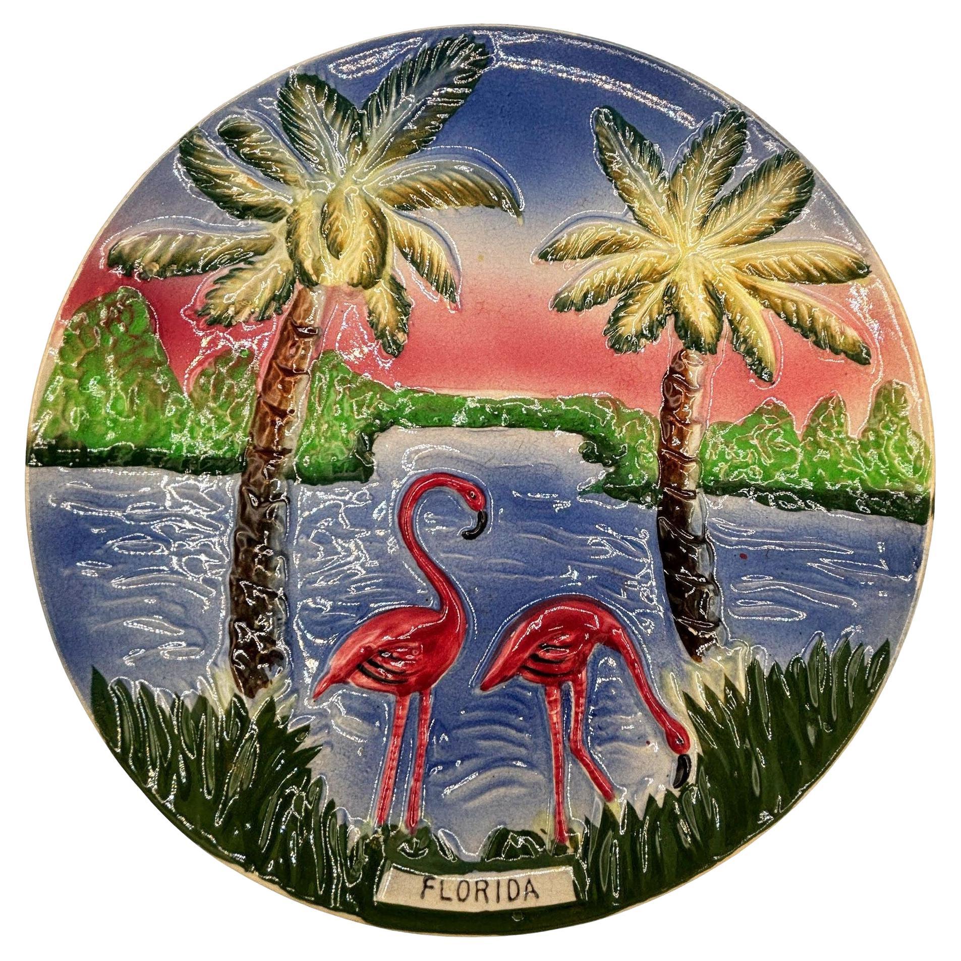 Mid-Jahrhundert Töpferei Florida Beach Rosa Flamingo Runde Dekrotiv Wandteller