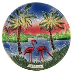 Mid-century Pottery Florida Sunset Flamingo Round Decrotive Wall Plate