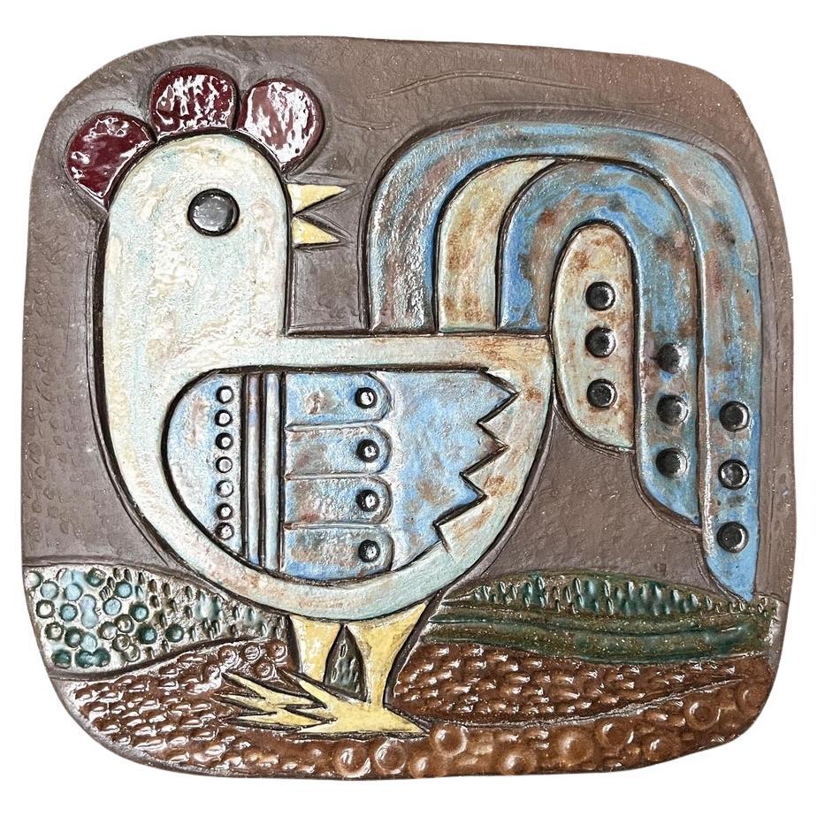 Mid-Century Pottery Wall Plaque with Chicken Rooster Decor, 1960s