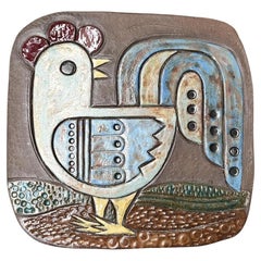 Mid-Century Pottery Wall Plaque with Chicken Rooster Decor, 1960s