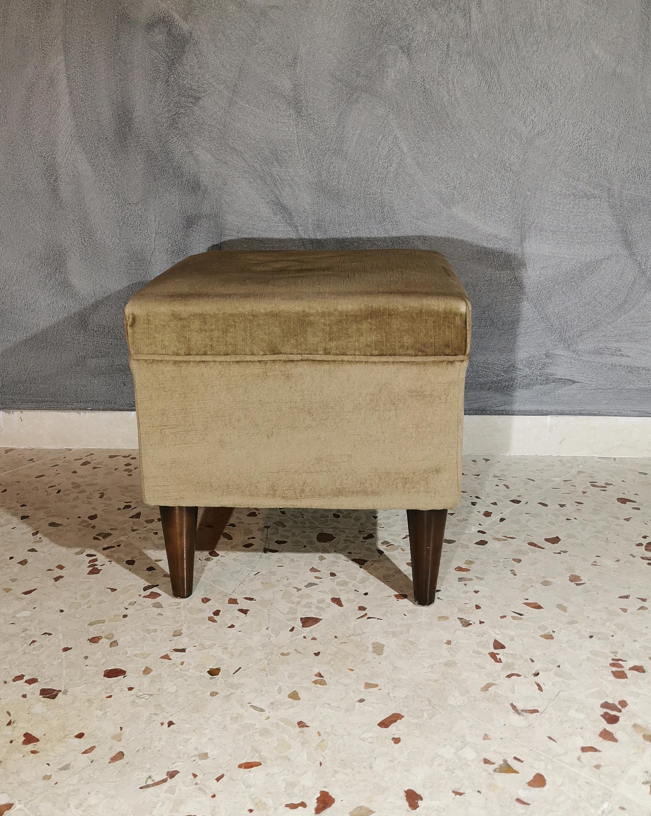 Mid Century Pouf Ottomans Footstools Smooth Velvet Wood Italian Design 1960s 2