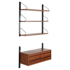 Mid-Century Poul Cadovius Wall System, Teak Shelves, Black Metal Hardware