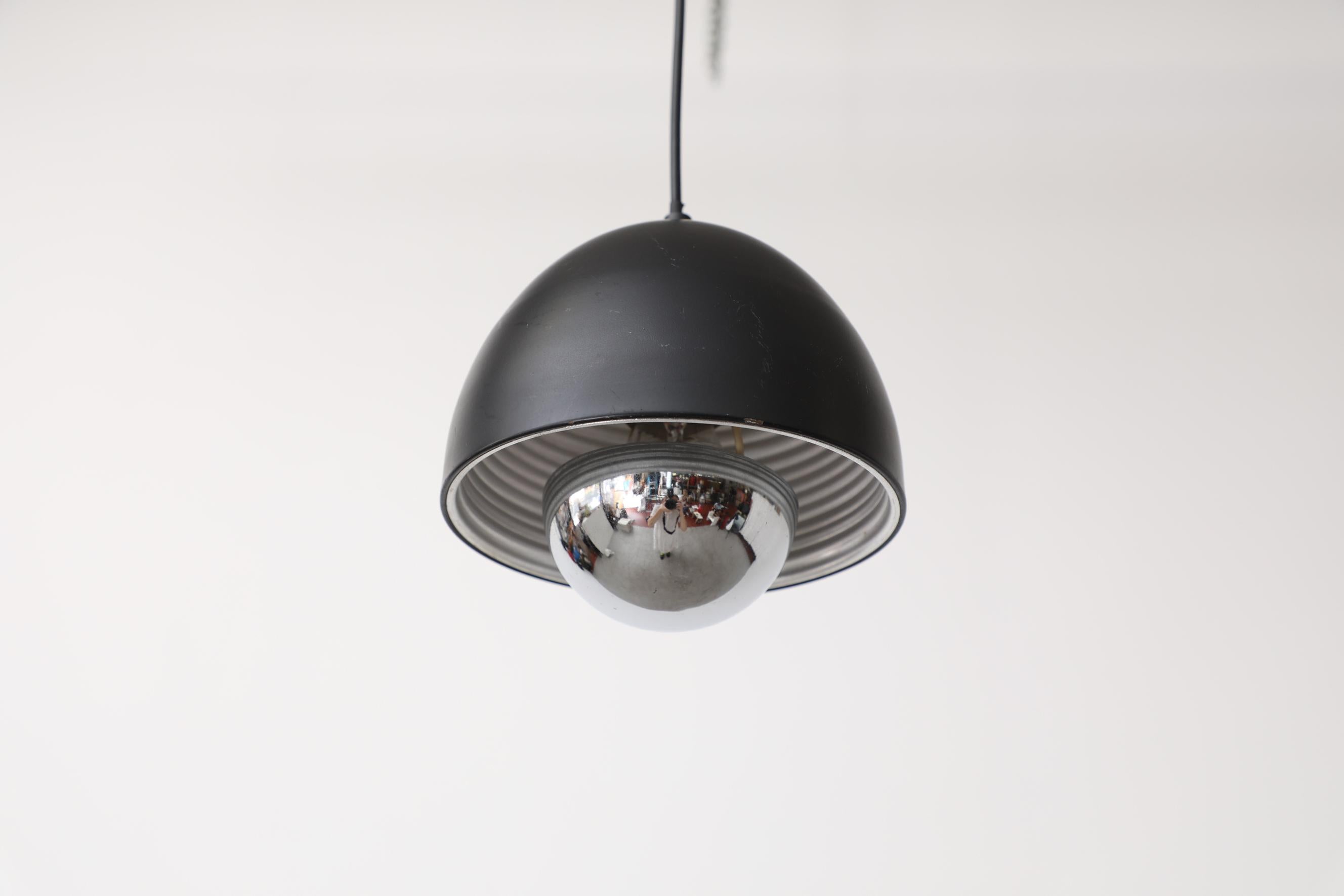 Mid-Century Louis Poulsen Style Black Dome Pendant with Chrome Diffuser For Sale 2