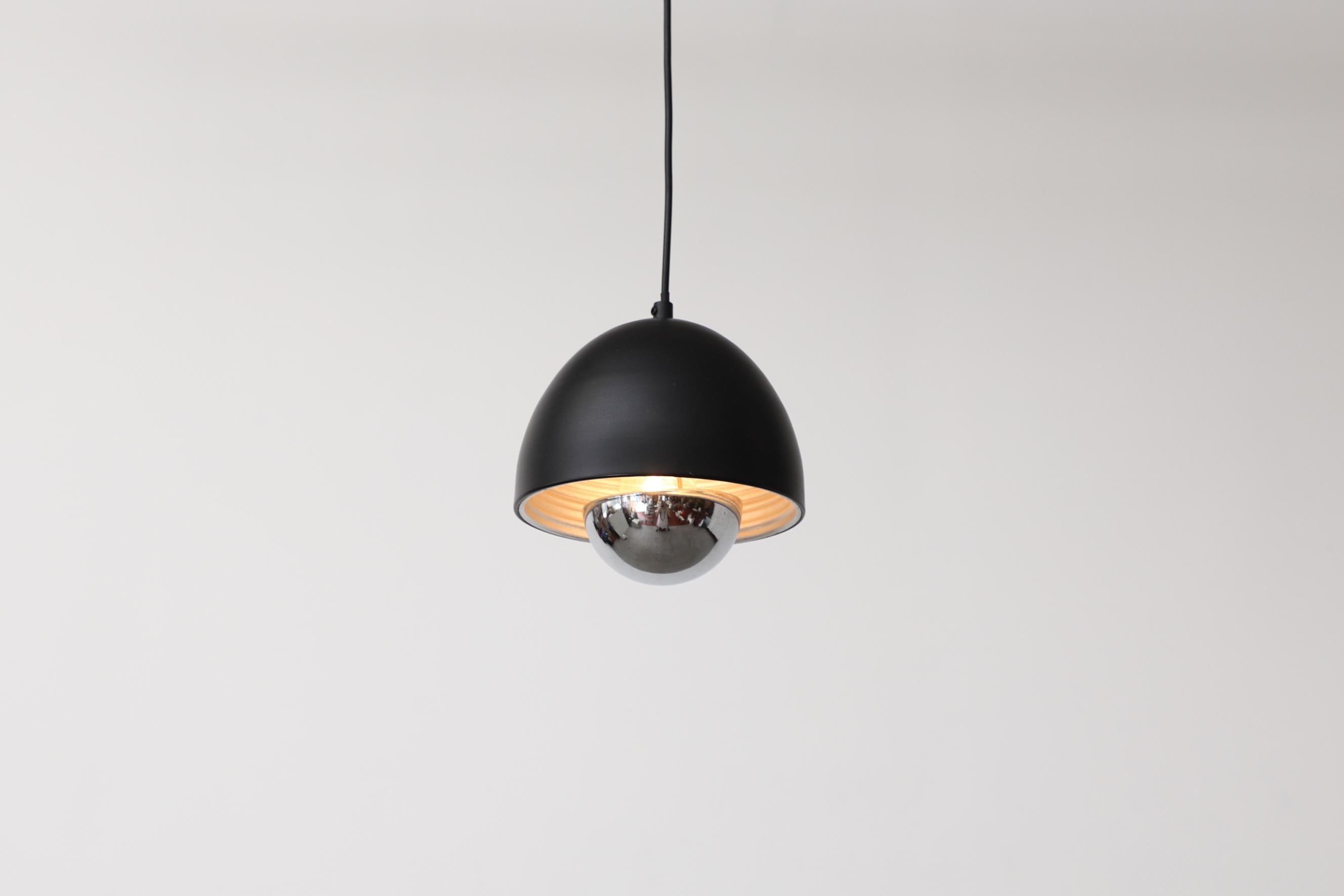 Mid-Century Louis Poulsen Style Black Dome Pendant with Chrome Diffuser For Sale 3