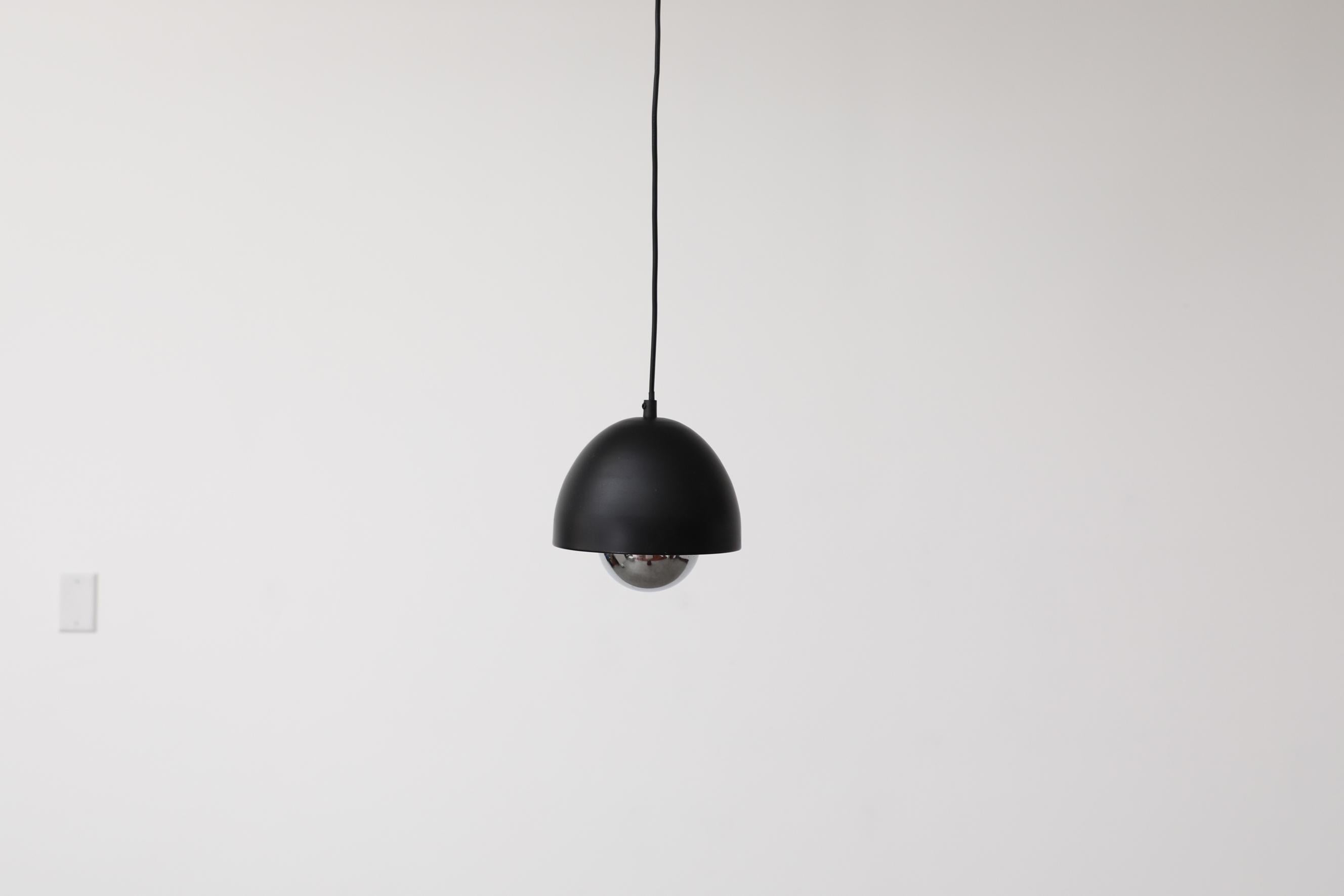 Mid-Century Modern Mid-Century Louis Poulsen Style Black Dome Pendant with Chrome Diffuser For Sale