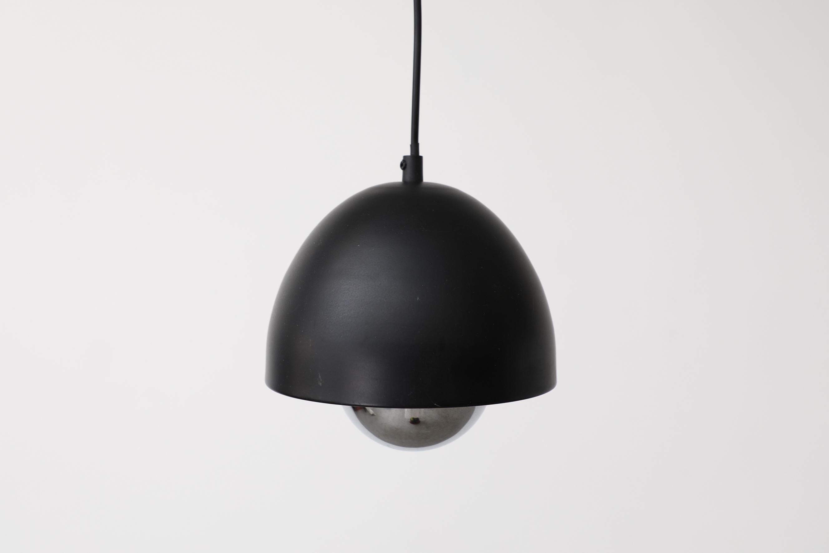 Mid-Century Louis Poulsen Style Black Dome Pendant with Chrome Diffuser In Good Condition For Sale In Los Angeles, CA
