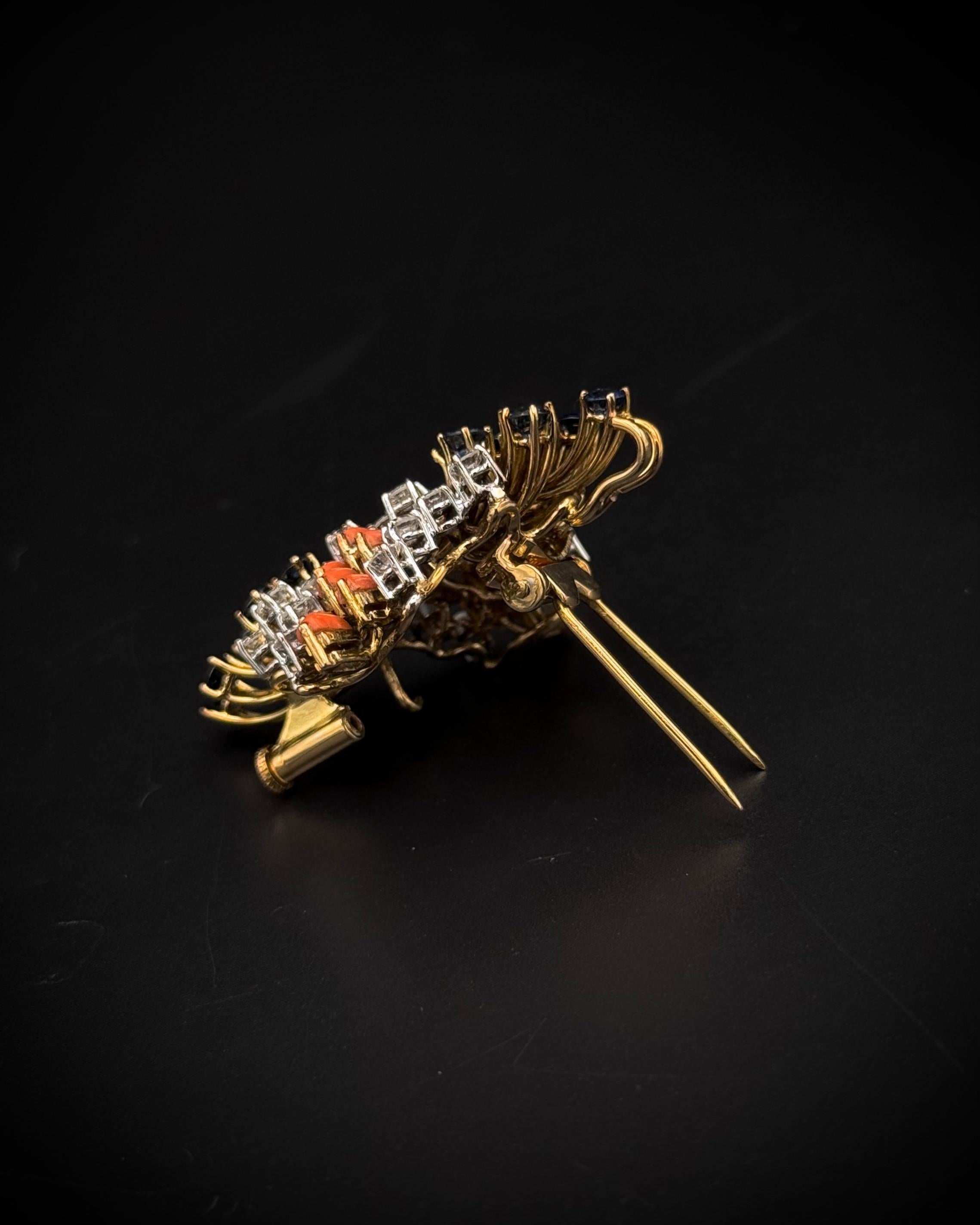 Mid-Century Precious Coral Sapphire Diamond Pendant/Brooch 18K Yellow Gold 1960s For Sale 8