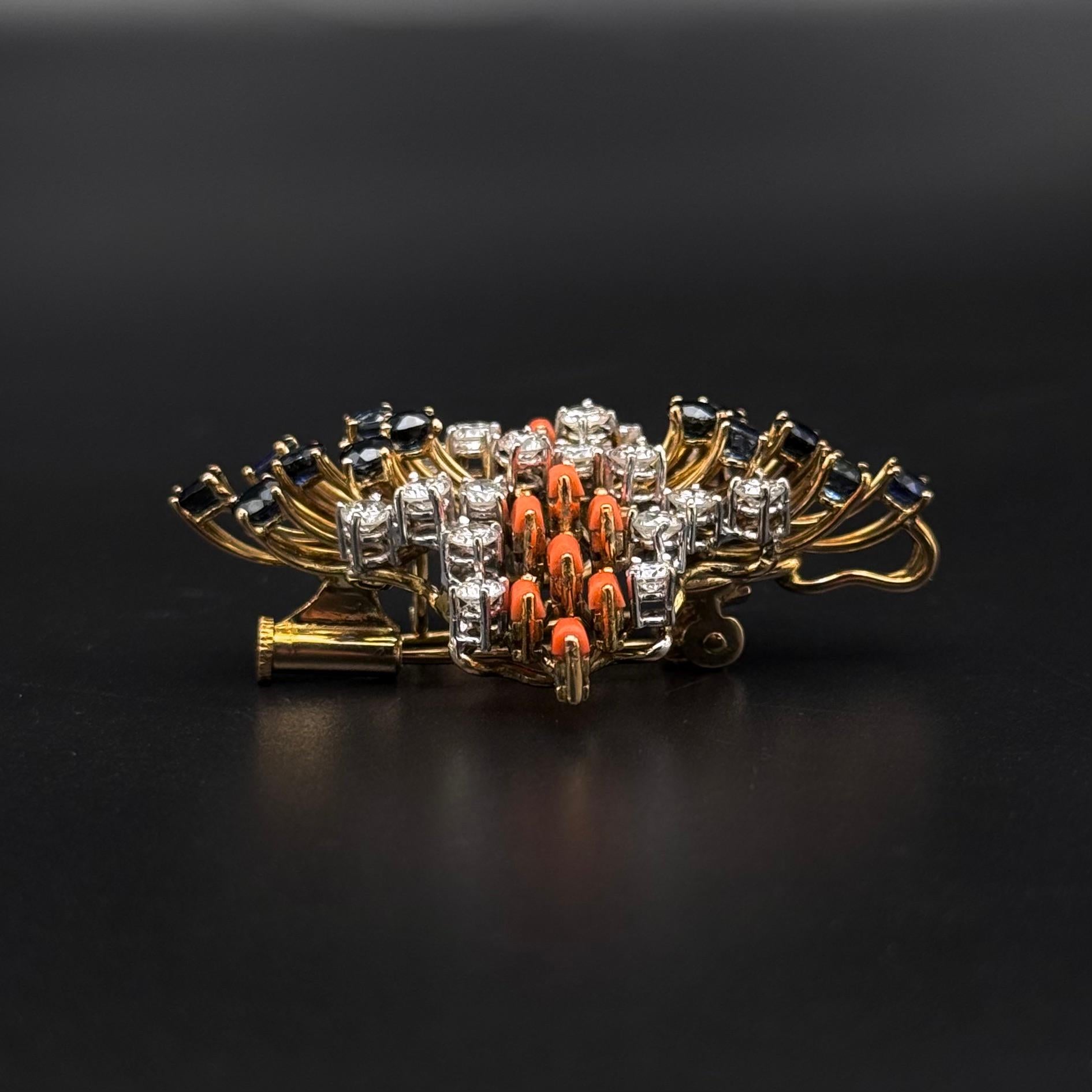 Mid-Century Precious Coral Sapphire Diamond Pendant/Brooch 18K Yellow Gold 1960s For Sale 9